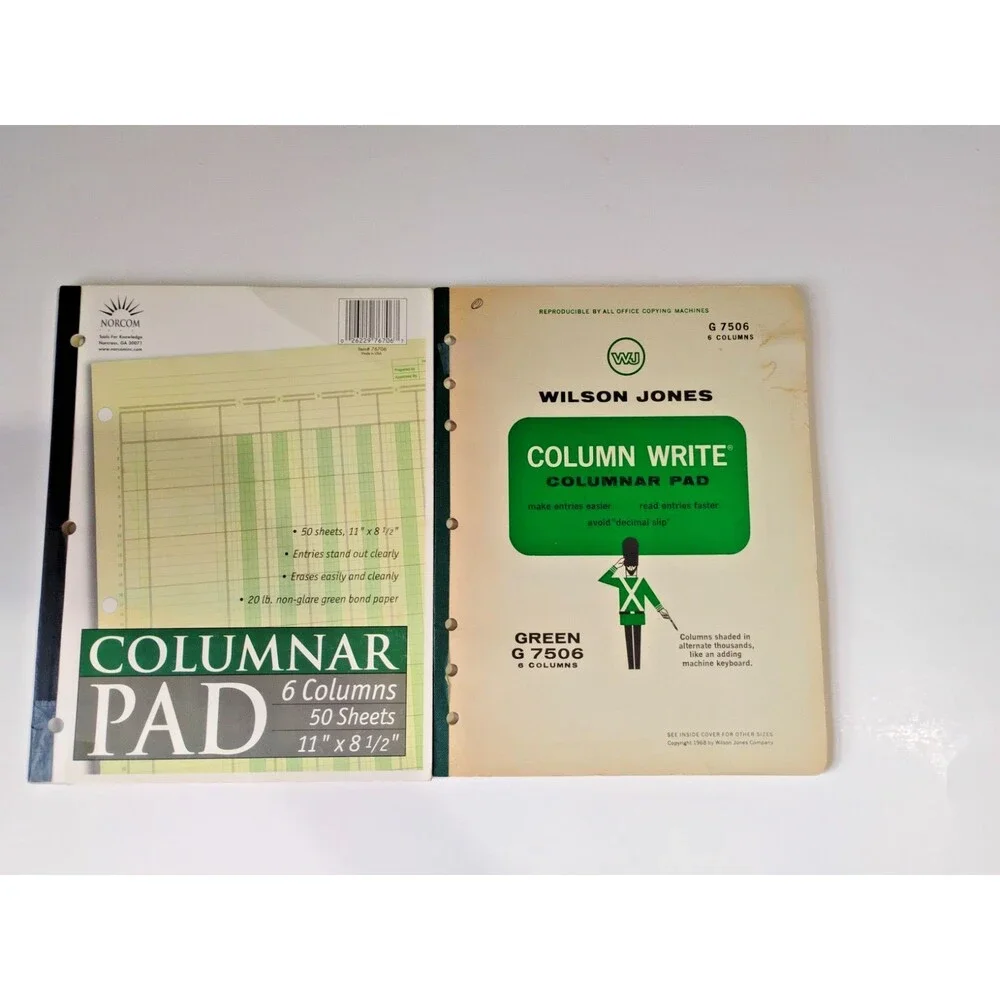 Set of 2 vintage accounting ledgers, both 6-column, 50 pages, green  New
